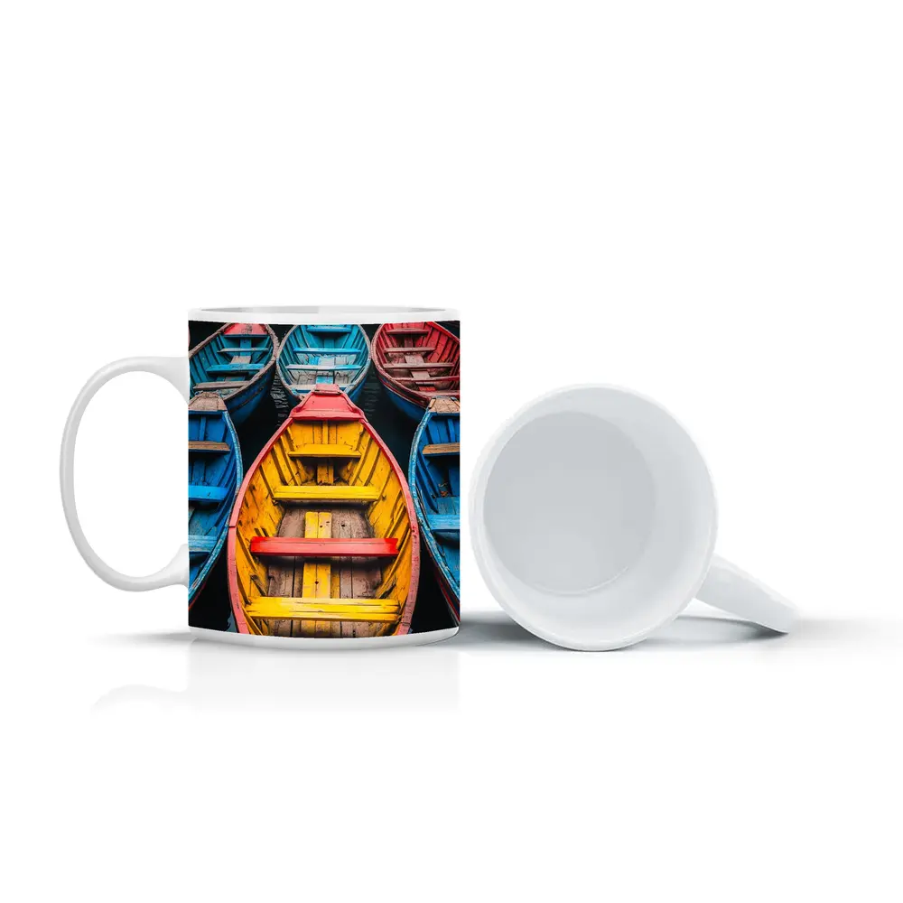Colorful Wooden Rowing Boats on Water – Mugs