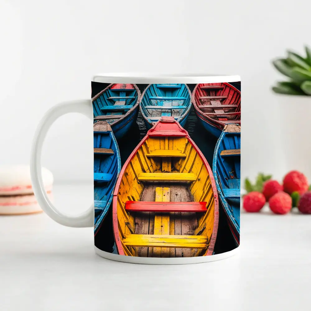 Colorful Wooden Rowing Boats on Water – Mugs