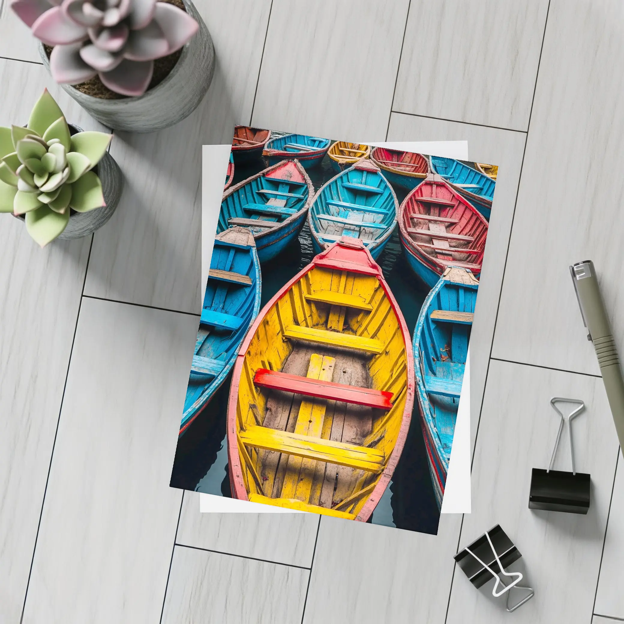 Colorful Wooden Rowing Boats on Water – Postcards