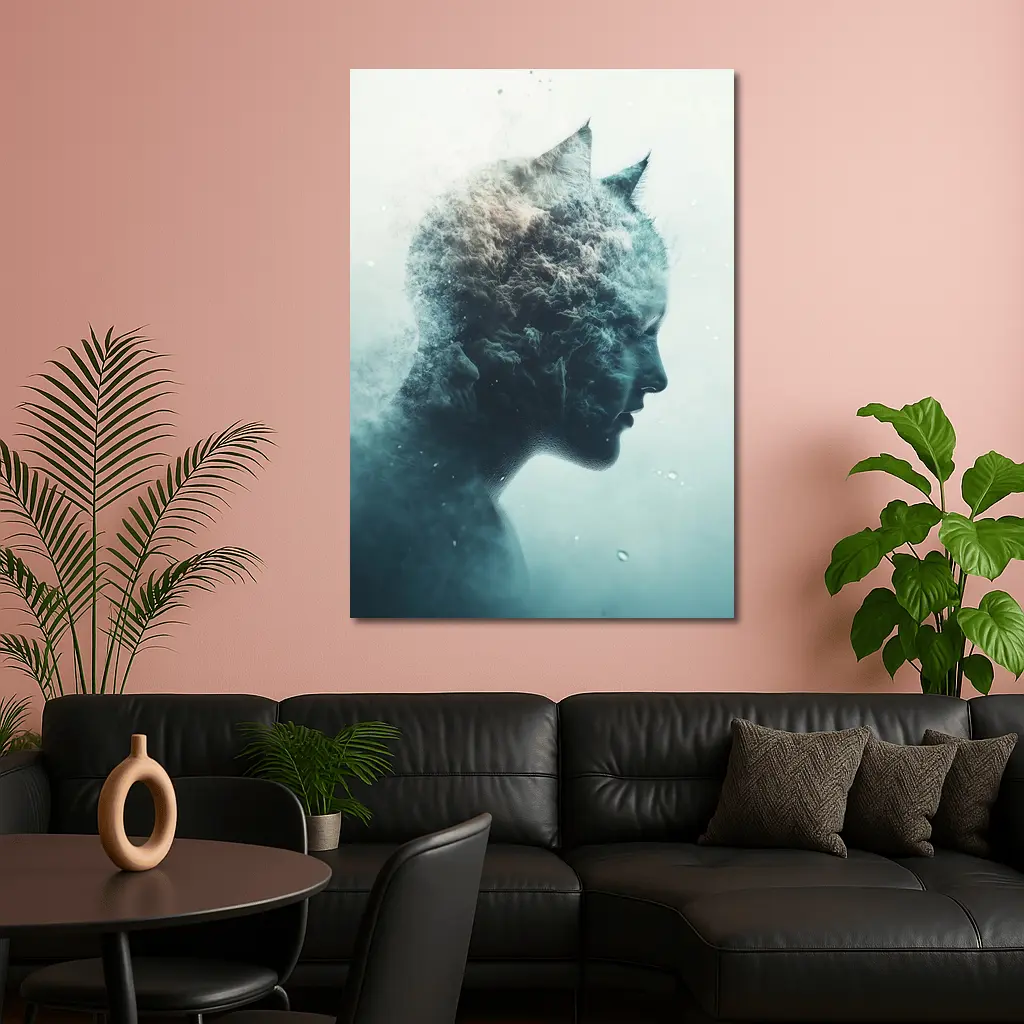 Cat Woman Double Exposure Misty Blue Art – Wall Art
