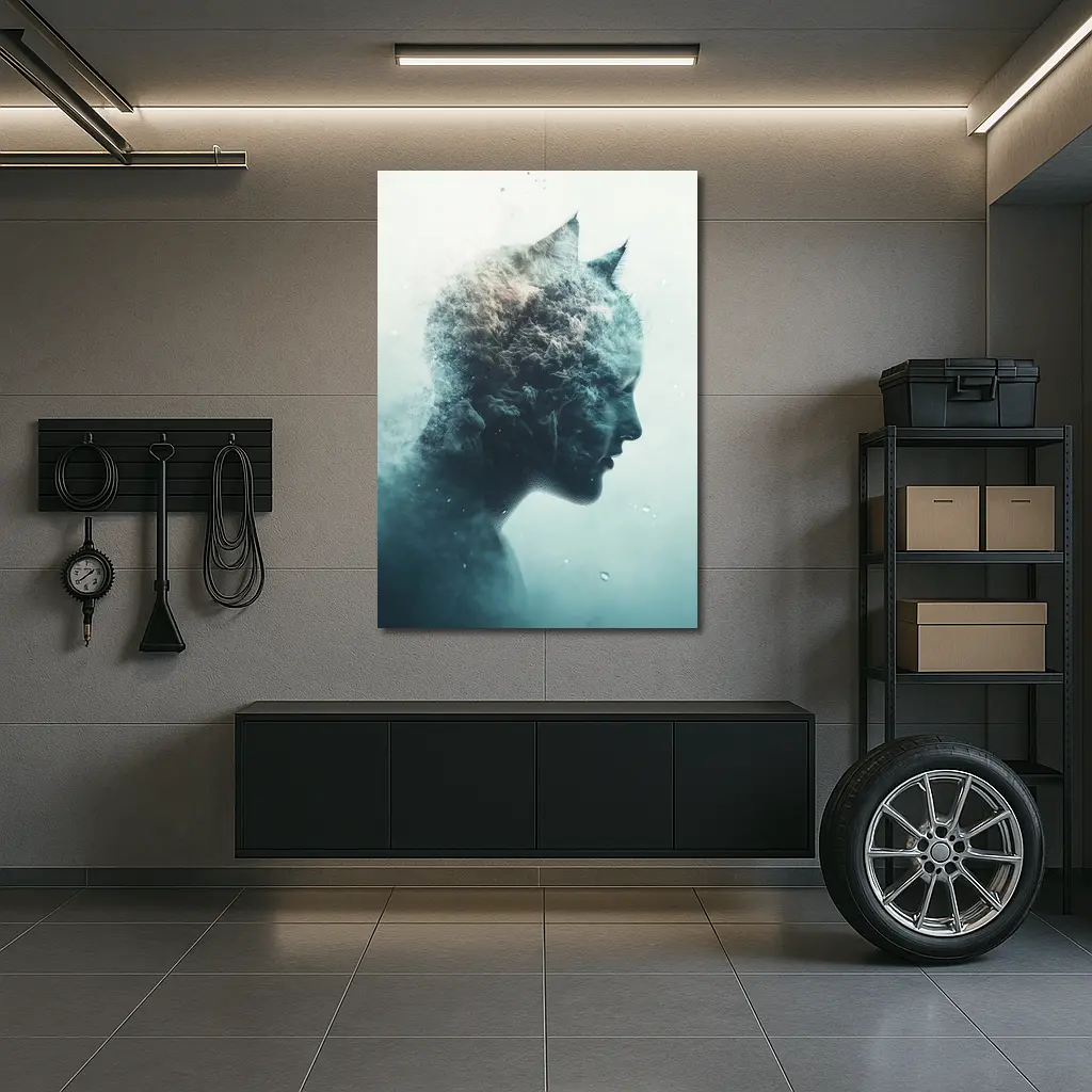 Cat Woman Double Exposure Misty Blue Art – Wall Art
