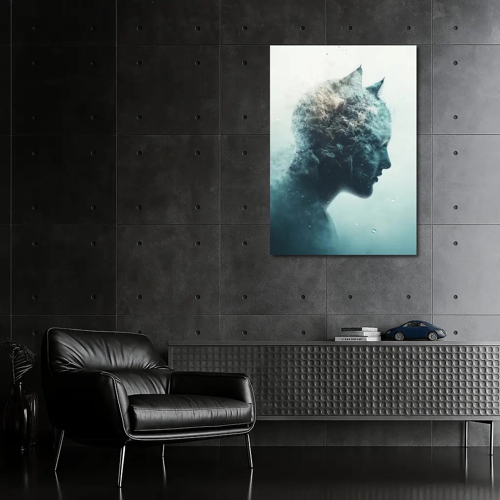 Cat Woman Double Exposure Misty Blue Art – Wall Art