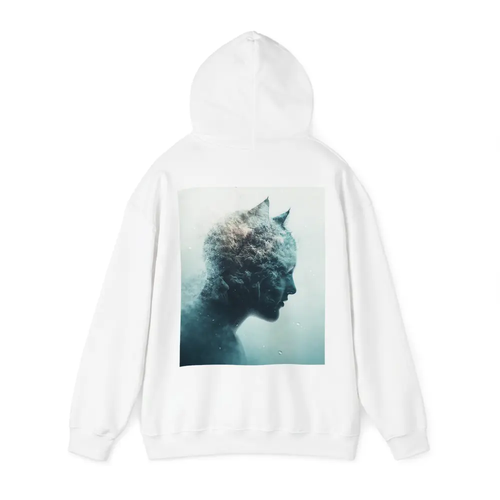 Cat Woman Double Exposure Misty Blue Art – Hoodies
