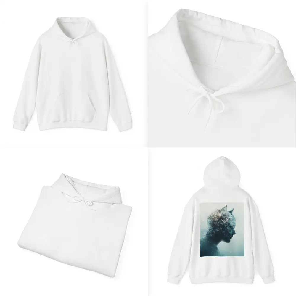 Cat Woman Double Exposure Misty Blue Art – Hoodies