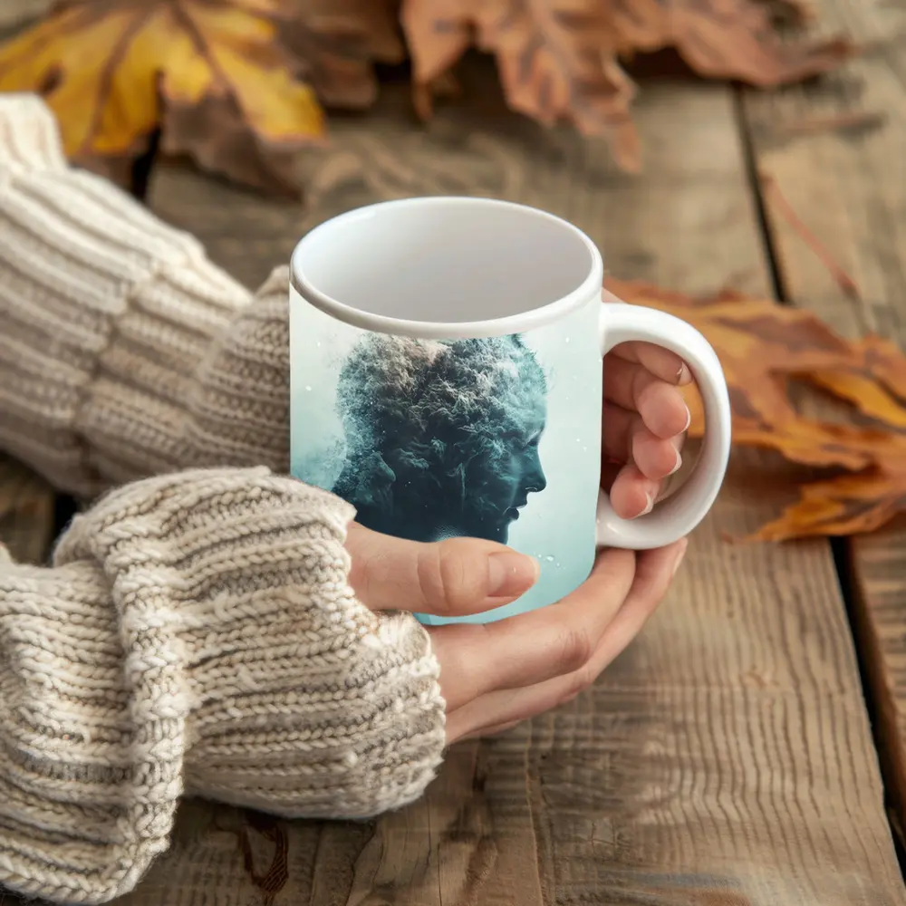 Cat Woman Double Exposure Misty Blue Art – Mugs