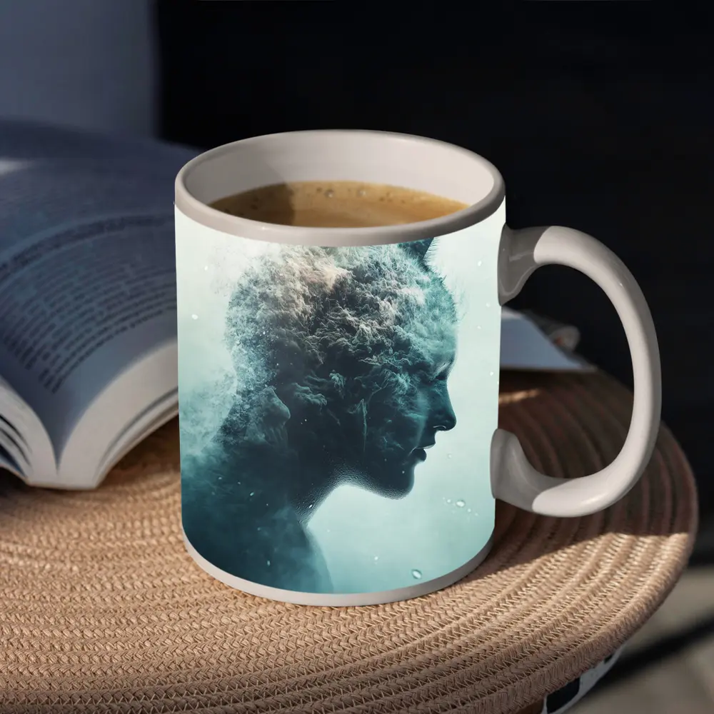 Cat Woman Double Exposure Misty Blue Art – Mugs