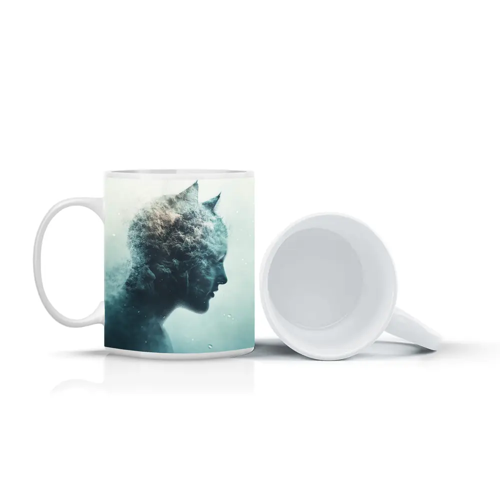 Cat Woman Double Exposure Misty Blue Art – Mugs