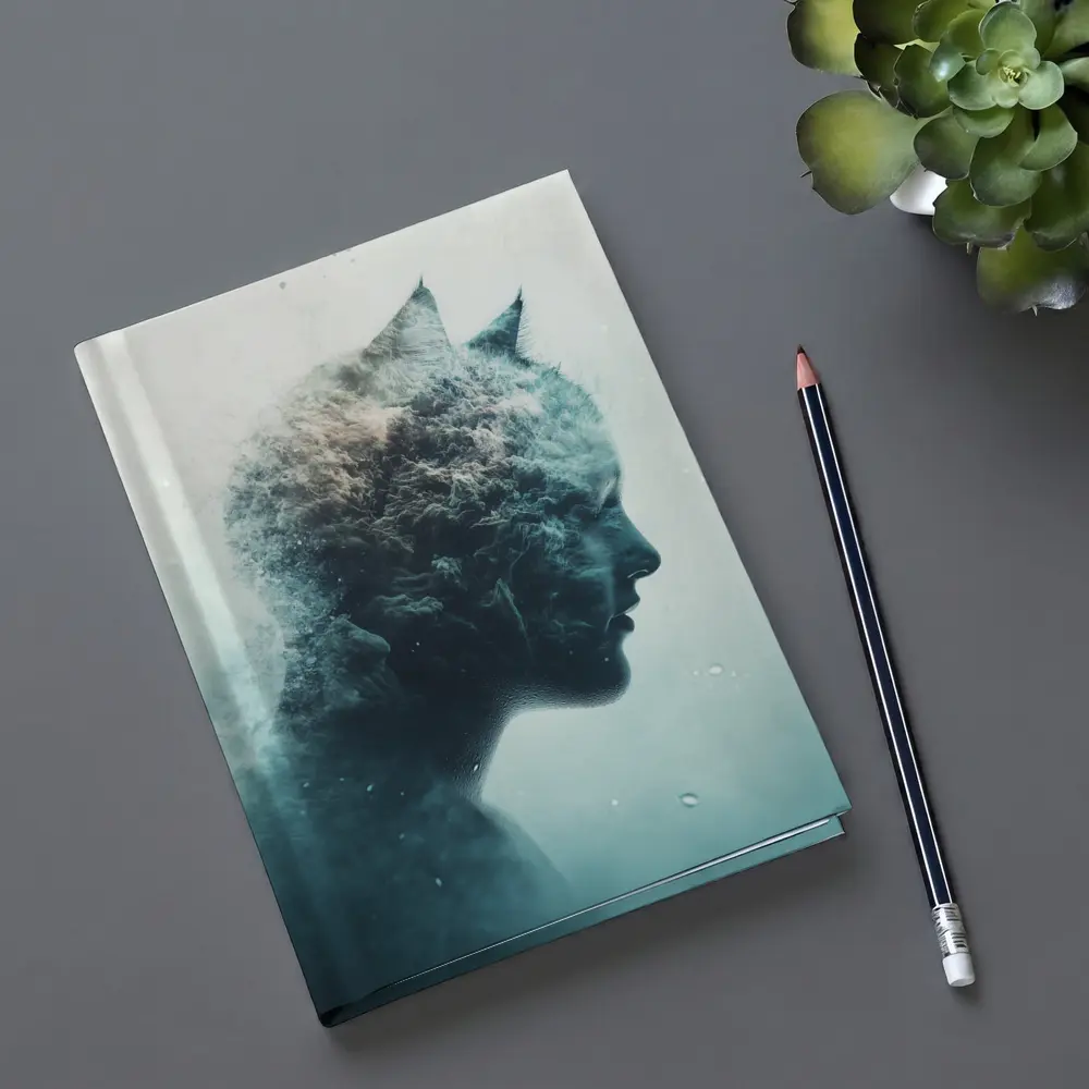 Cat Woman Double Exposure Misty Blue Art – Notebooks