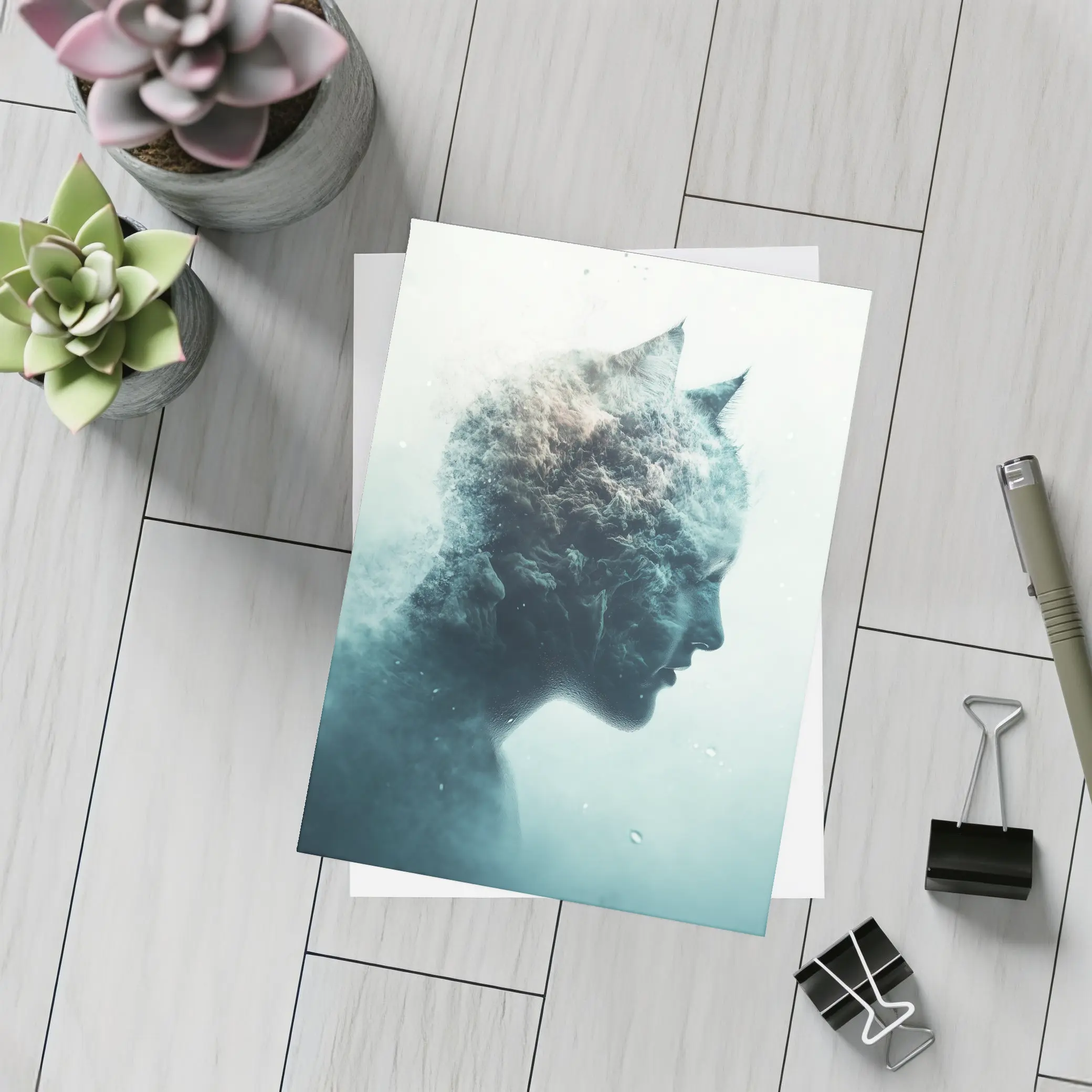 Cat Woman Double Exposure Misty Blue Art – Postcards