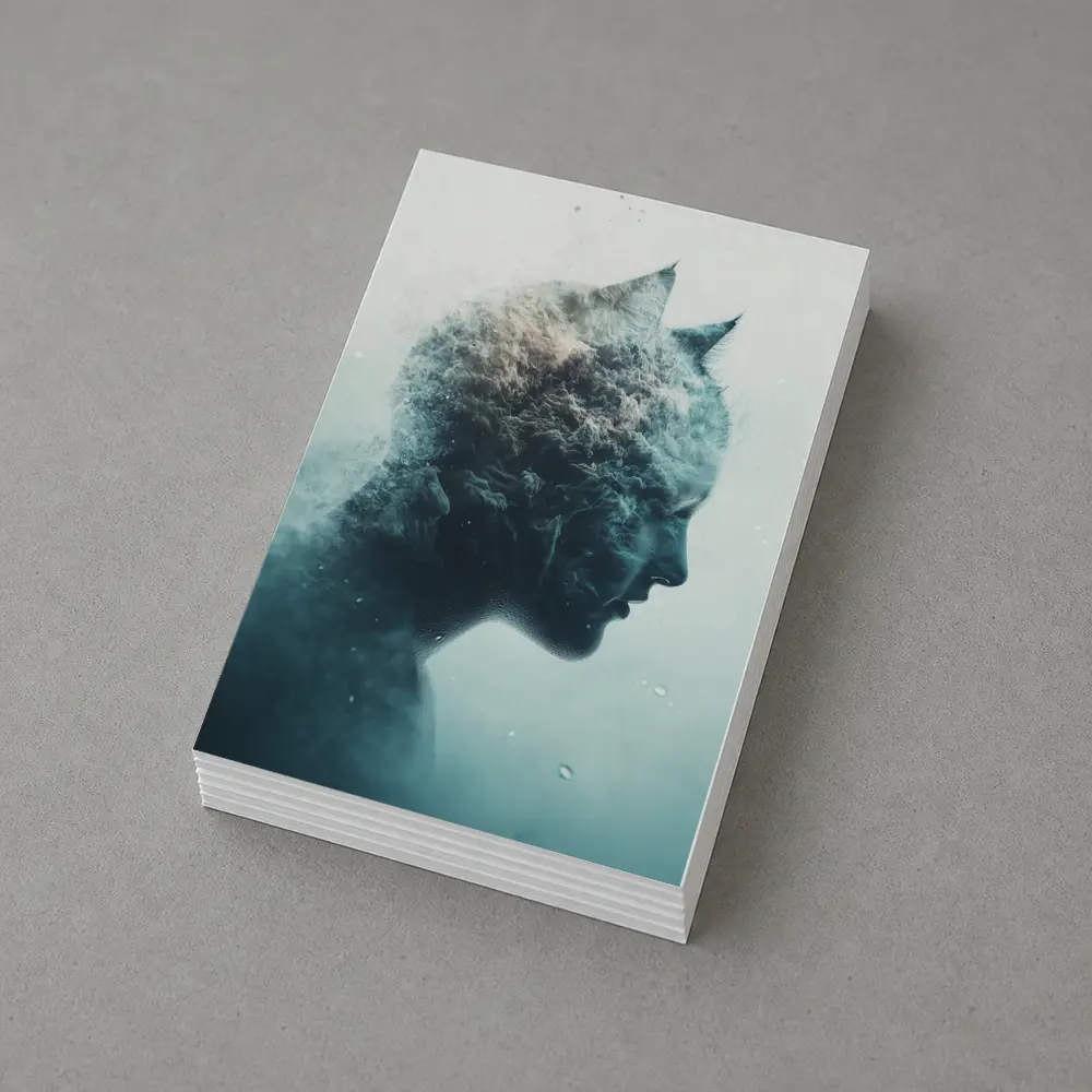 Cat Woman Double Exposure Misty Blue Art – Postcards