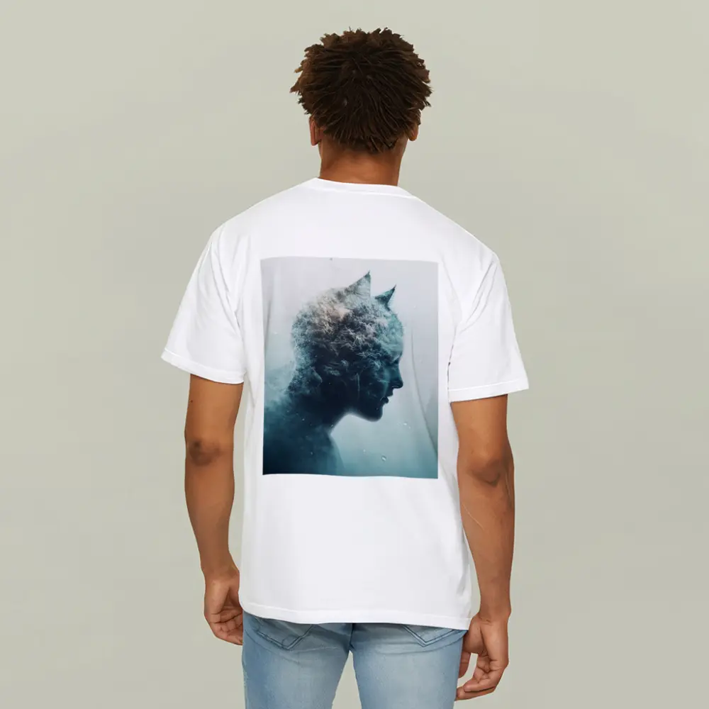 Cat Woman Double Exposure Misty Blue Art – T-Shirts