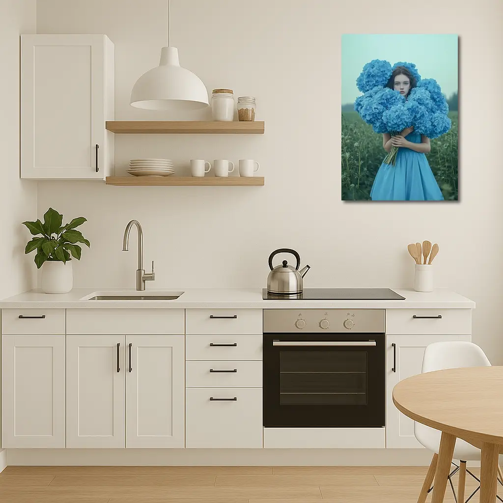 Woman Blue Hydrangeas Misty Field Portrait – Wall Art