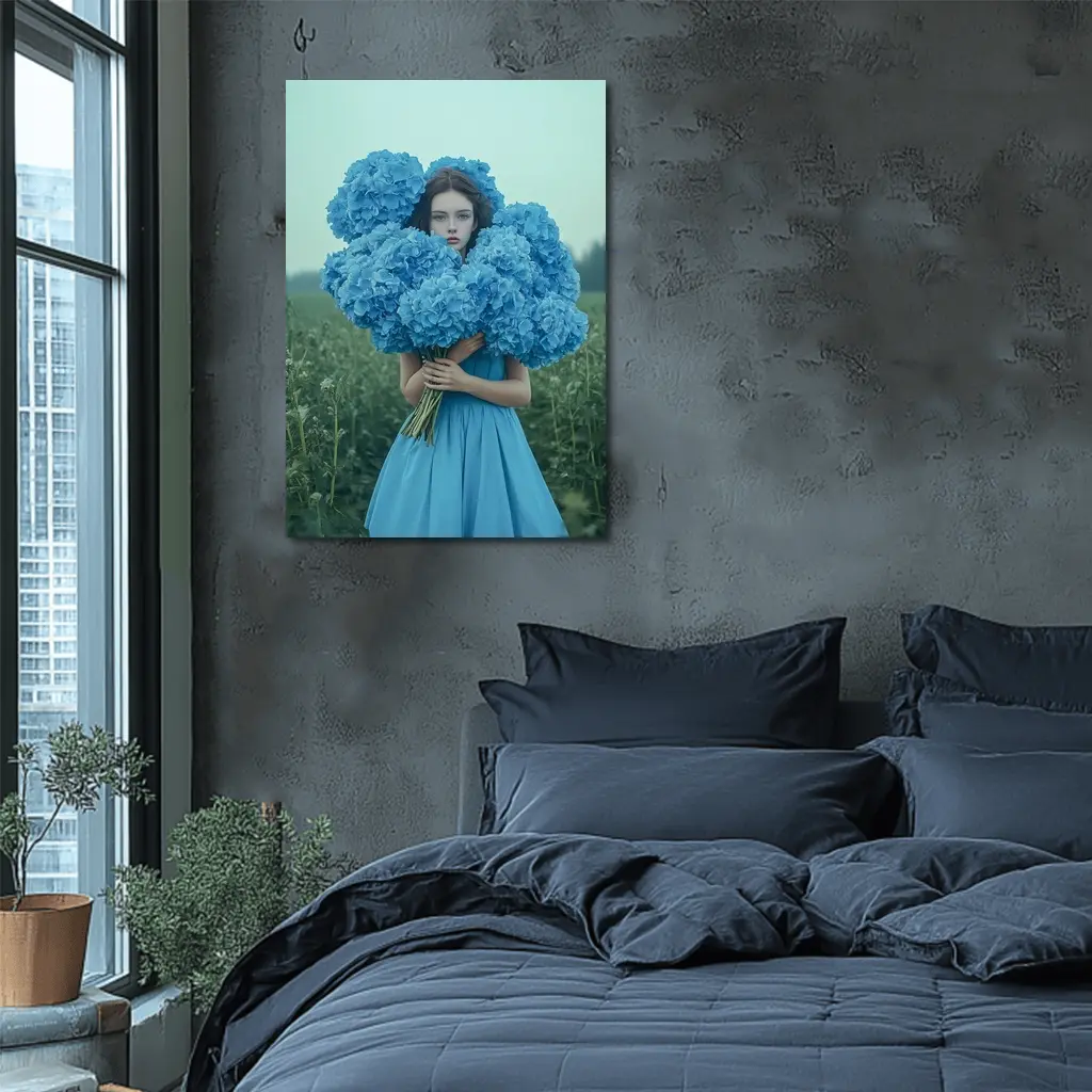 Woman Blue Hydrangeas Misty Field Portrait – Wall Art