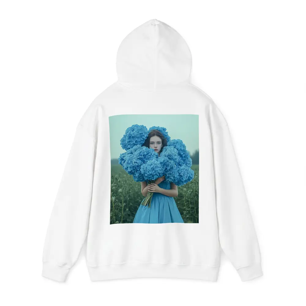 Woman Blue Hydrangeas Misty Field Portrait – Hoodies