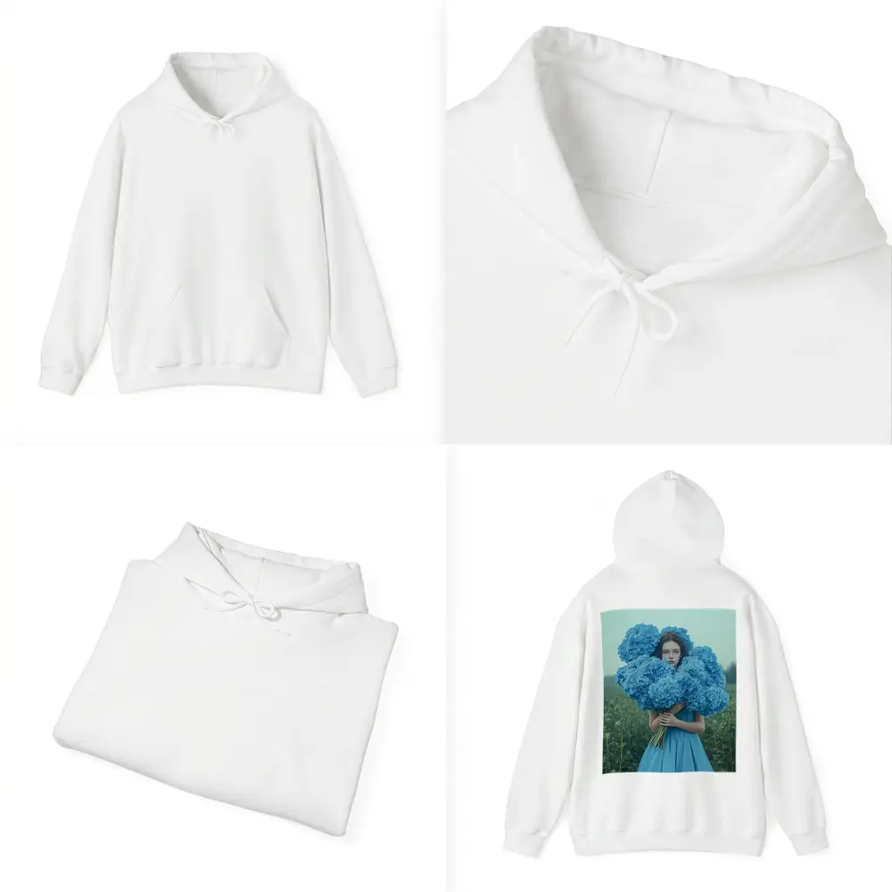 Woman Blue Hydrangeas Misty Field Portrait – Hoodies