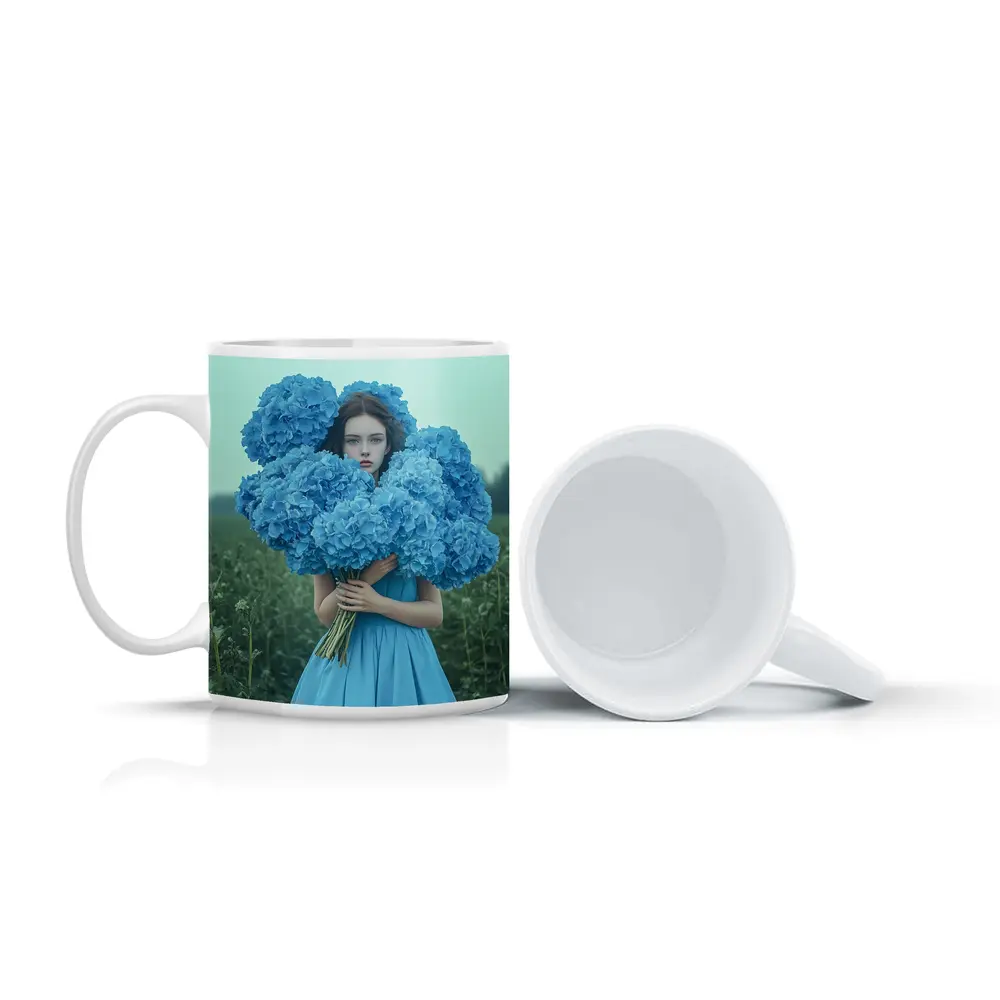 Woman Blue Hydrangeas Misty Field Portrait – Mugs