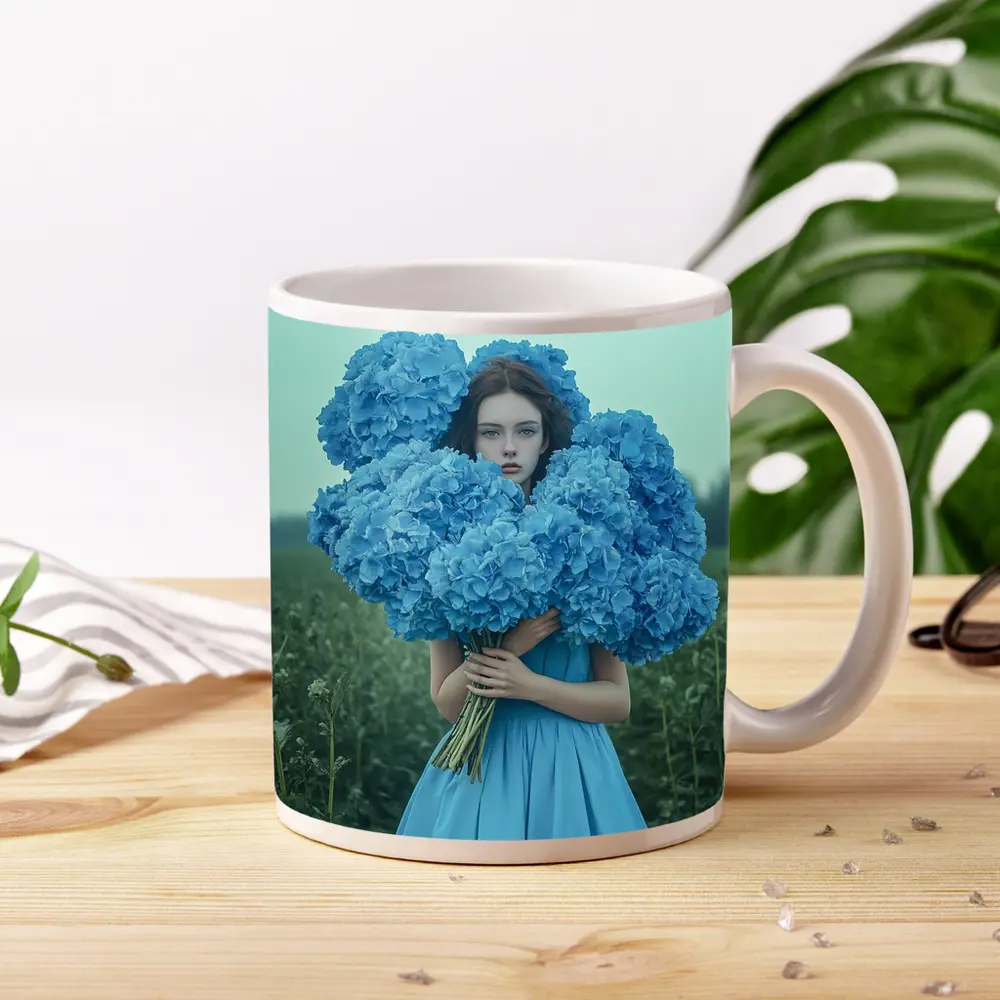 Woman Blue Hydrangeas Misty Field Portrait – Mugs