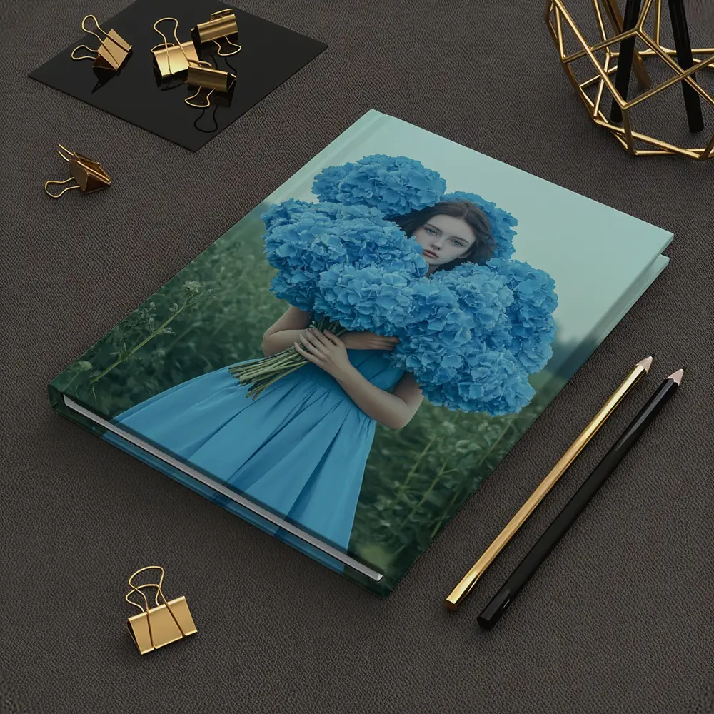 Woman Blue Hydrangeas Misty Field Portrait – Notebooks