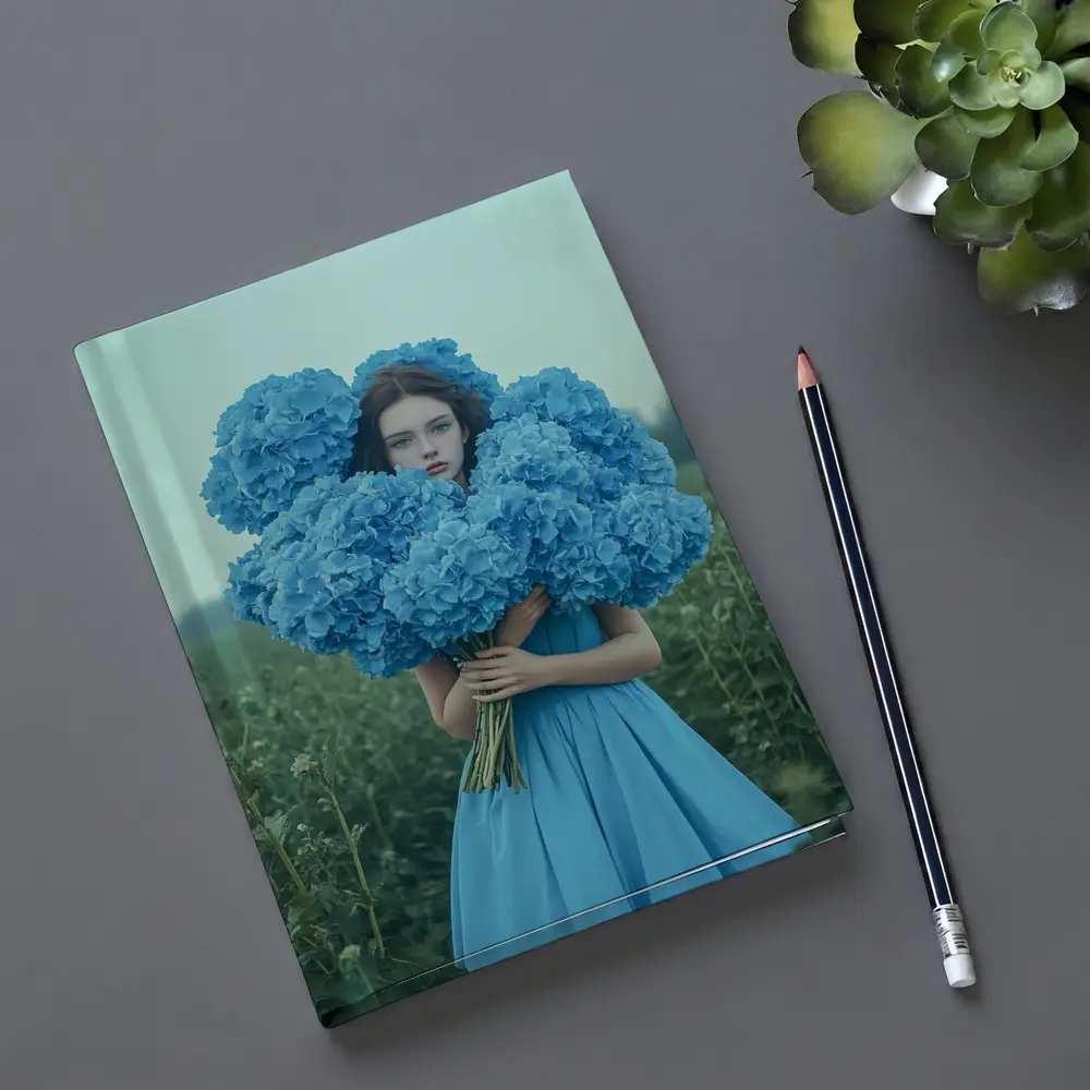 Woman Blue Hydrangeas Misty Field Portrait – Notebooks