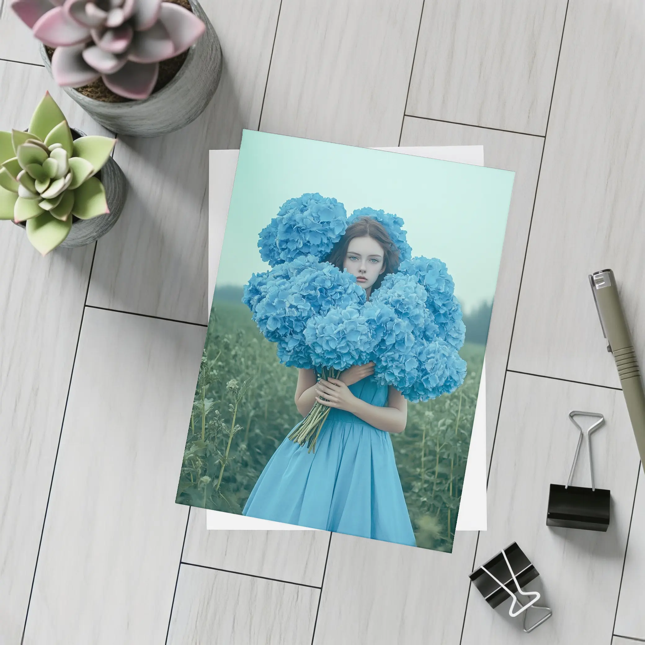 Woman Blue Hydrangeas Misty Field Portrait – Postcards