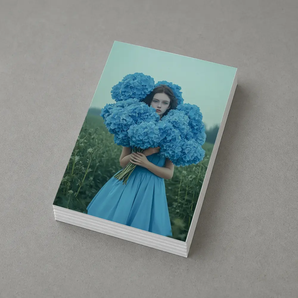 Woman Blue Hydrangeas Misty Field Portrait – Postcards