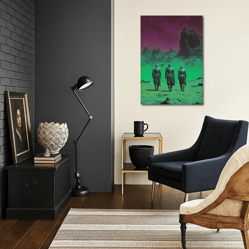 Three Knights Walking Alien Green Purple Landscape – Wall Art