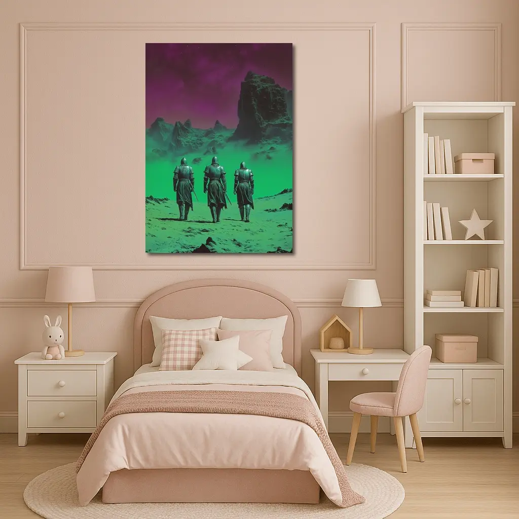 Three Knights Walking Alien Green Purple Landscape – Wall Art