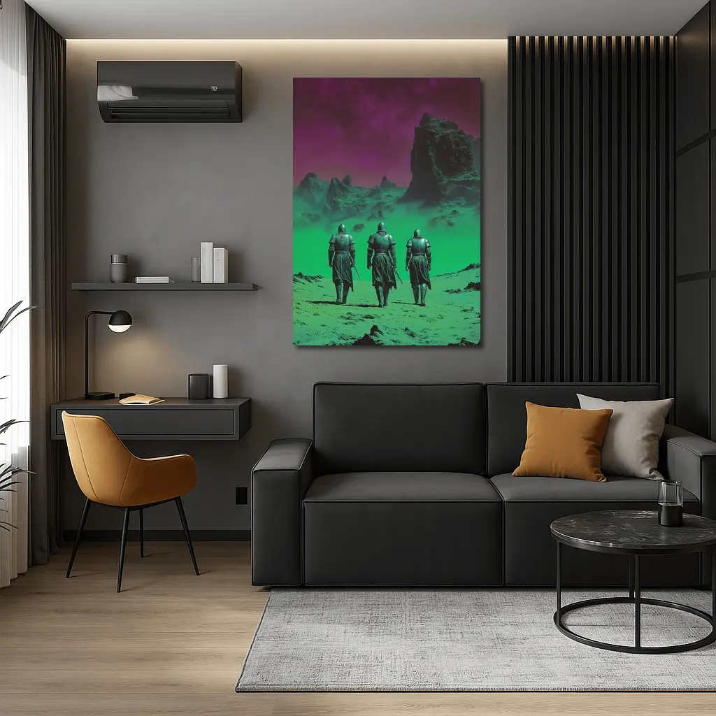 Three Knights Walking Alien Green Purple Landscape – Wall Art