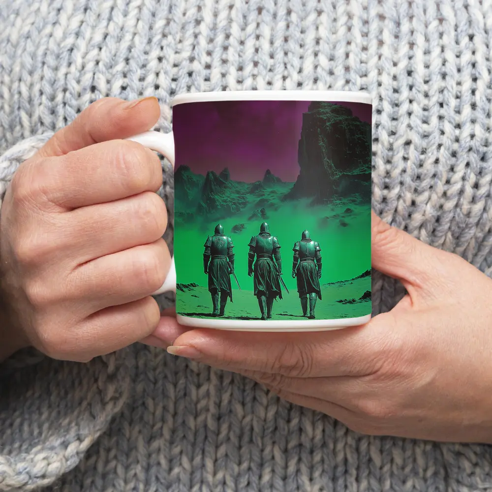 Three Knights Walking Alien Green Purple Landscape – Mugs