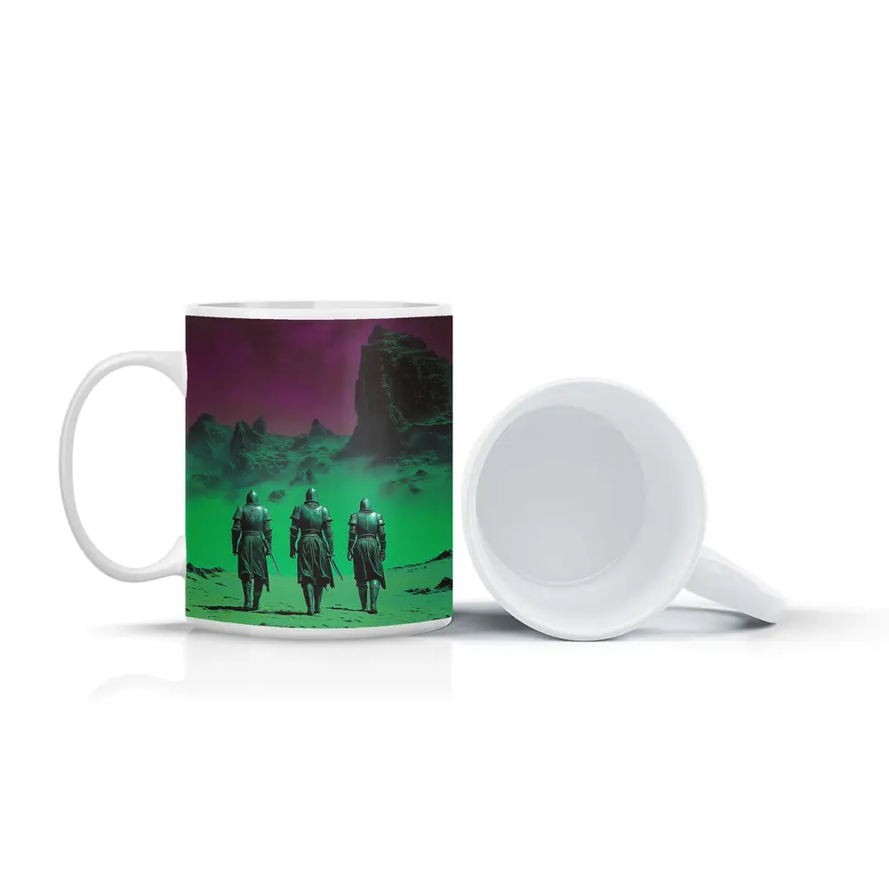 Three Knights Walking Alien Green Purple Landscape – Mugs
