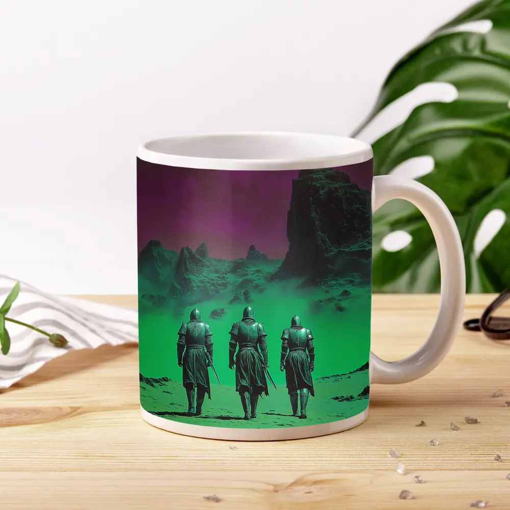 Three Knights Walking Alien Green Purple Landscape – Mugs