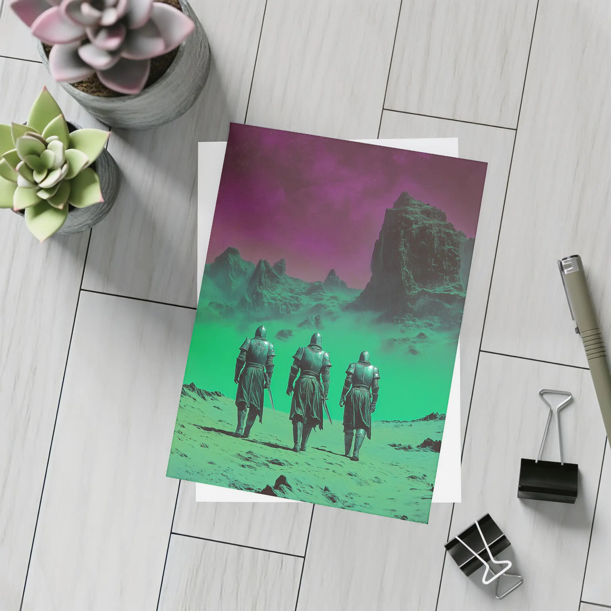 Three Knights Walking Alien Green Purple Landscape – Postcards