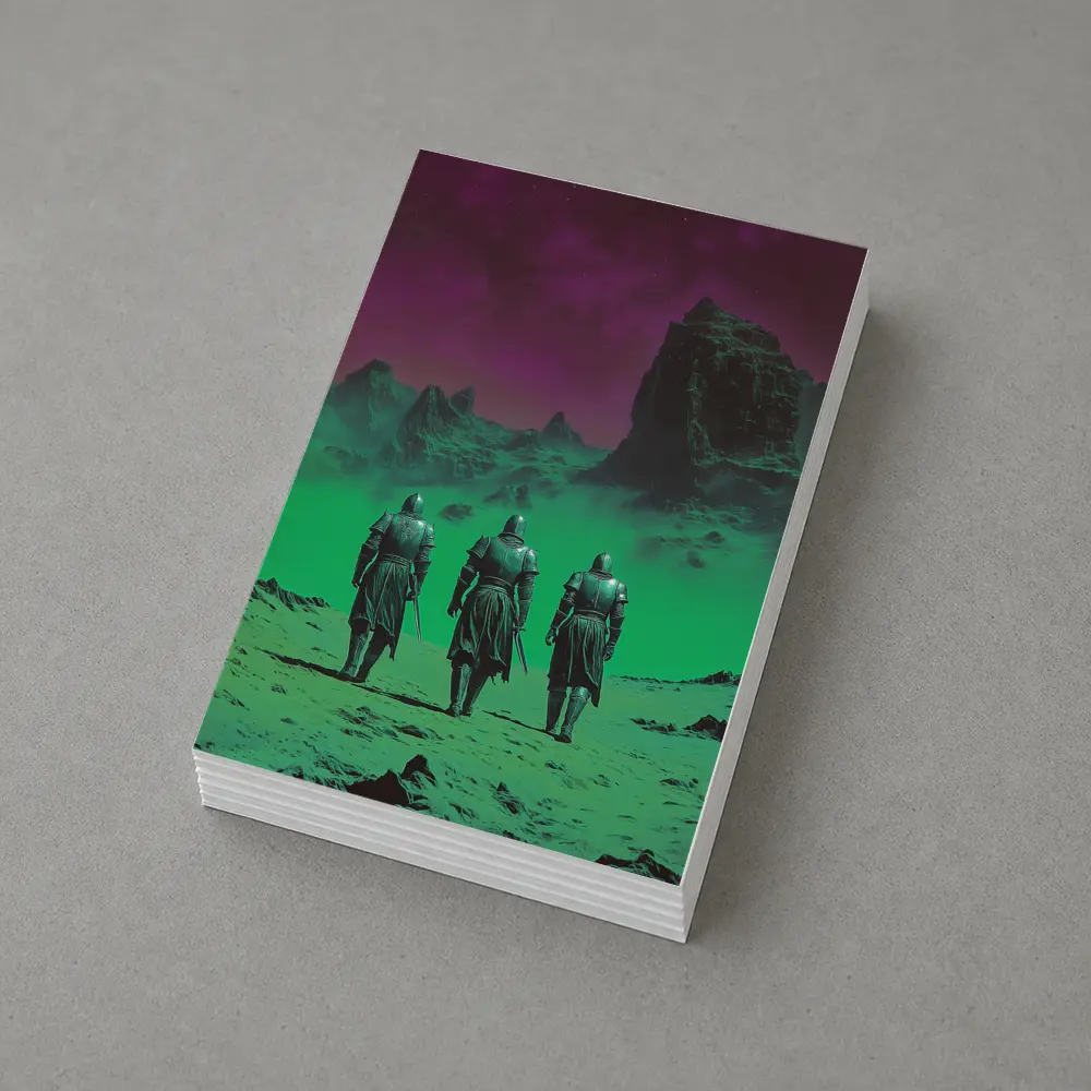 Three Knights Walking Alien Green Purple Landscape – Postcards