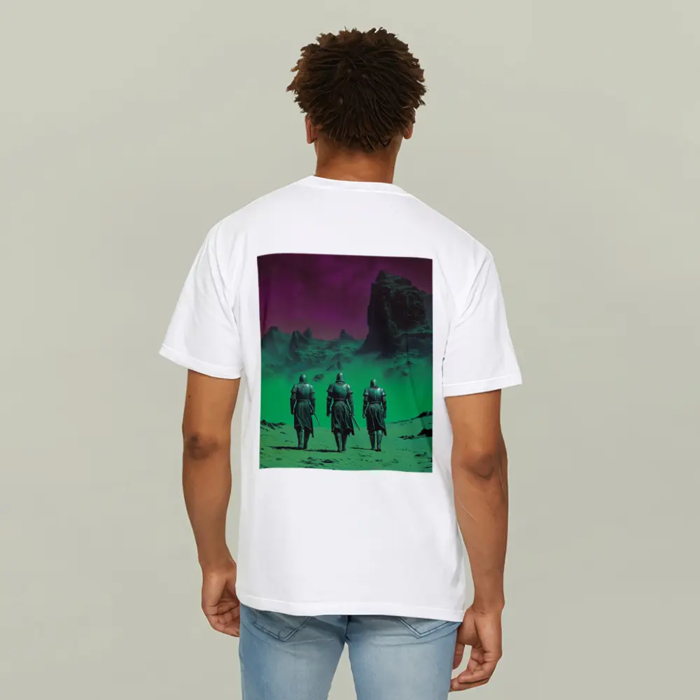 Three Knights Walking Alien Green Purple Landscape – T-Shirts