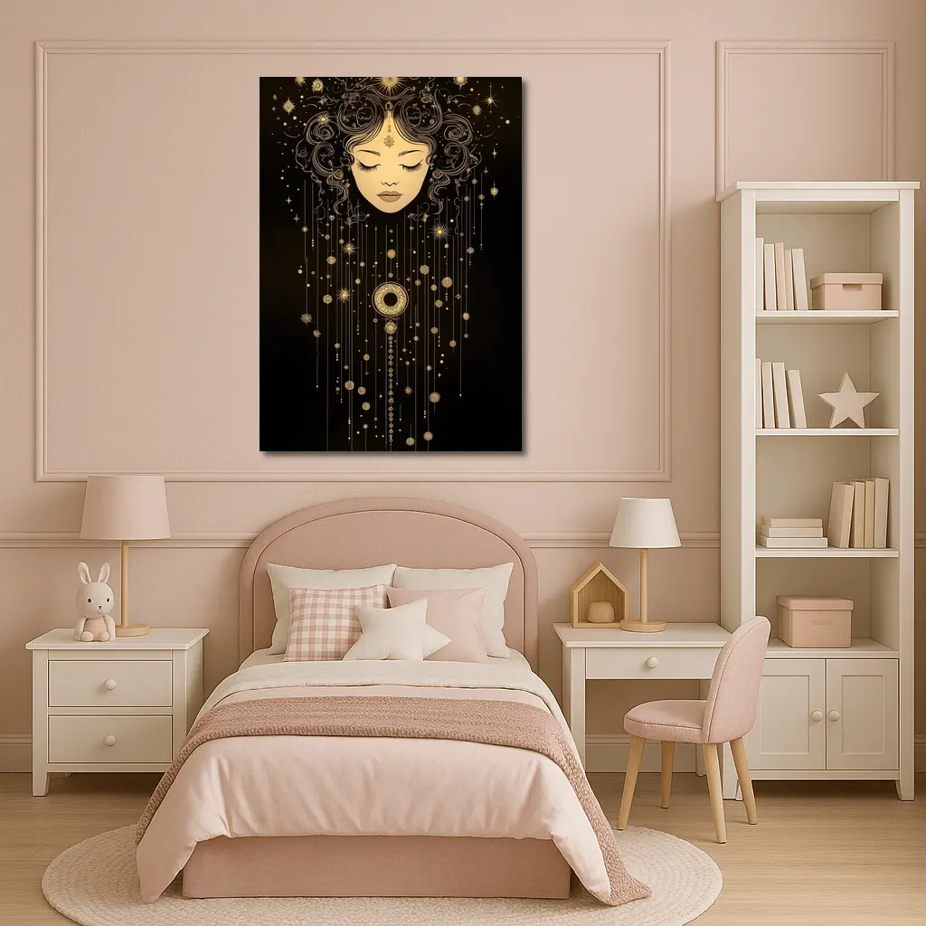 Celestial Woman Gold Stars Black Background – Wall Art