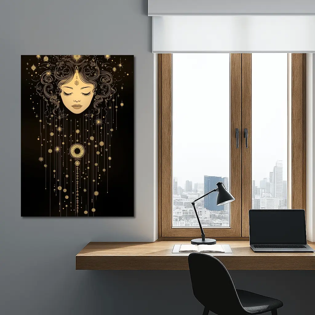 Celestial Woman Gold Stars Black Background – Wall Art