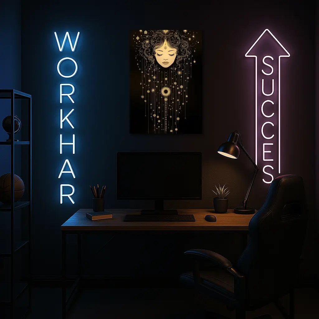 Celestial Woman Gold Stars Black Background – Wall Art