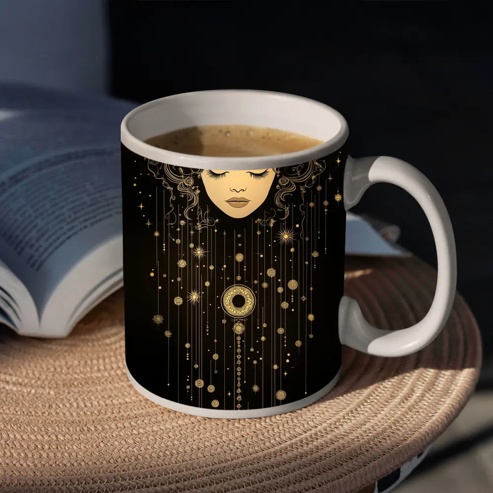 Celestial Woman Gold Stars Black Background – Mugs