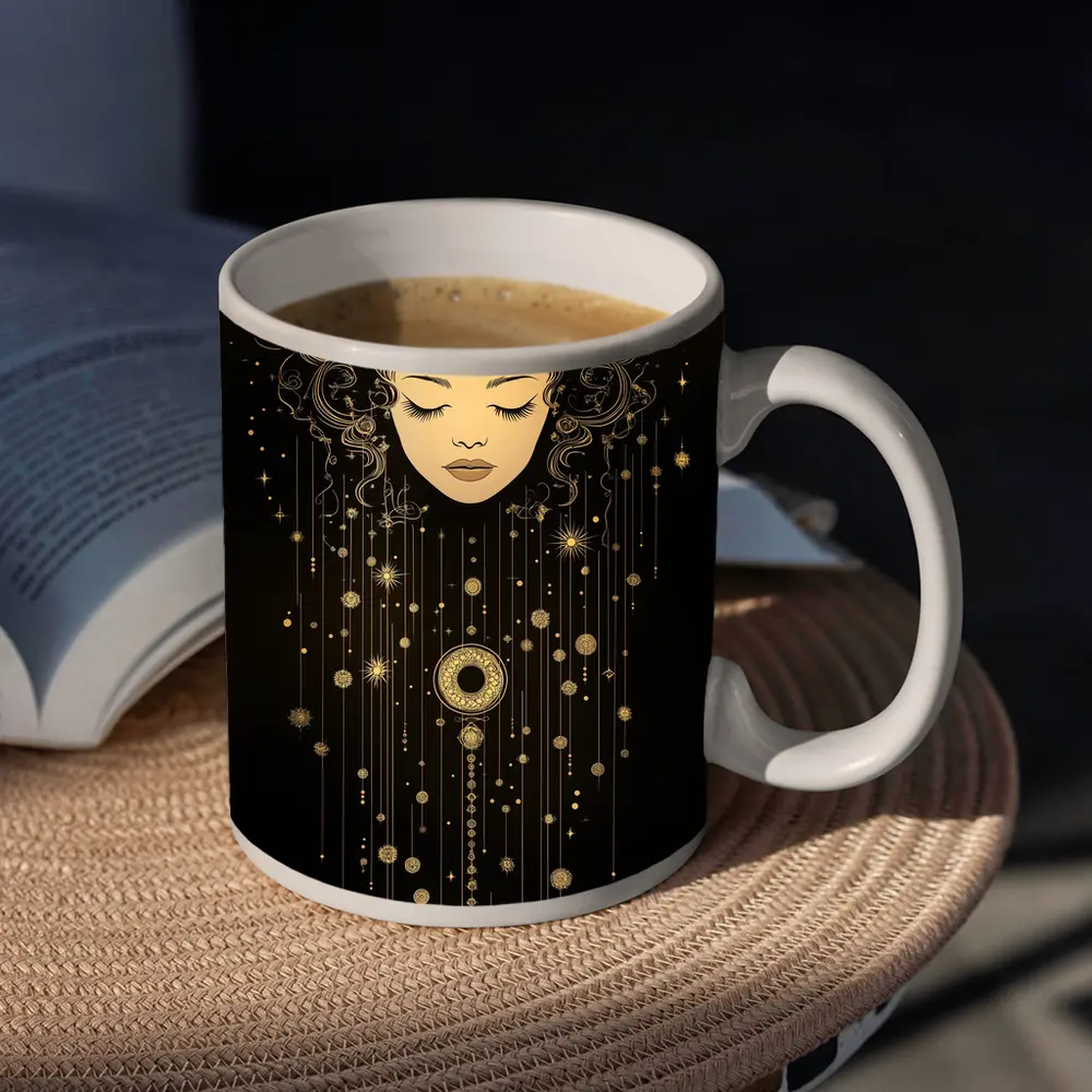 Celestial Woman Gold Stars Black Background – Mugs