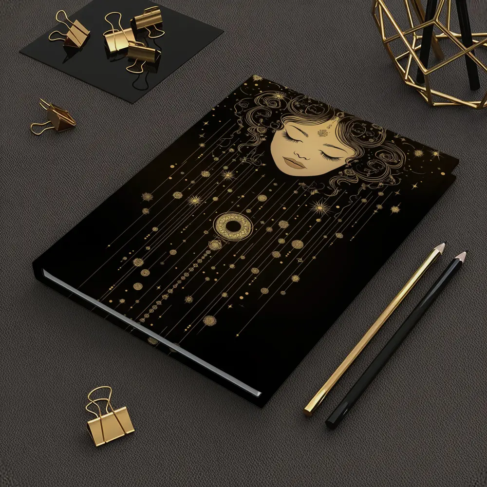 Celestial Woman Gold Stars Black Background – Notebooks