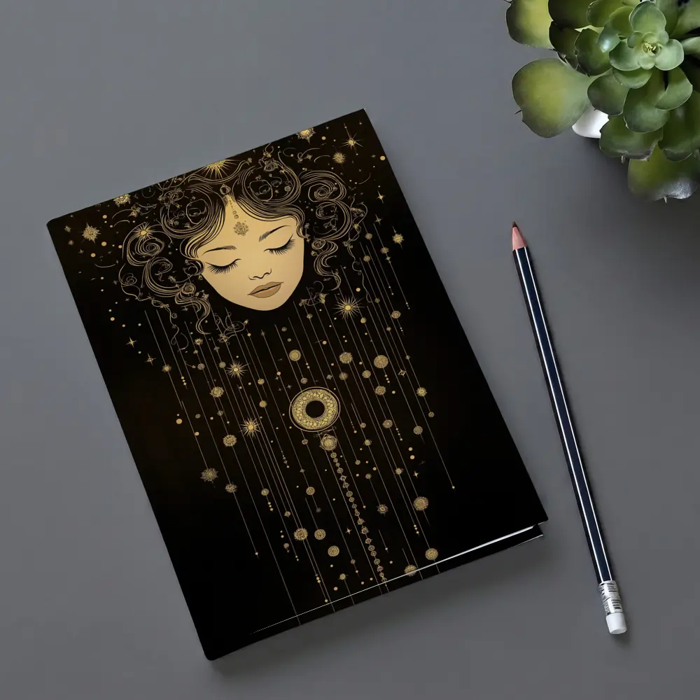 Celestial Woman Gold Stars Black Background – Notebooks
