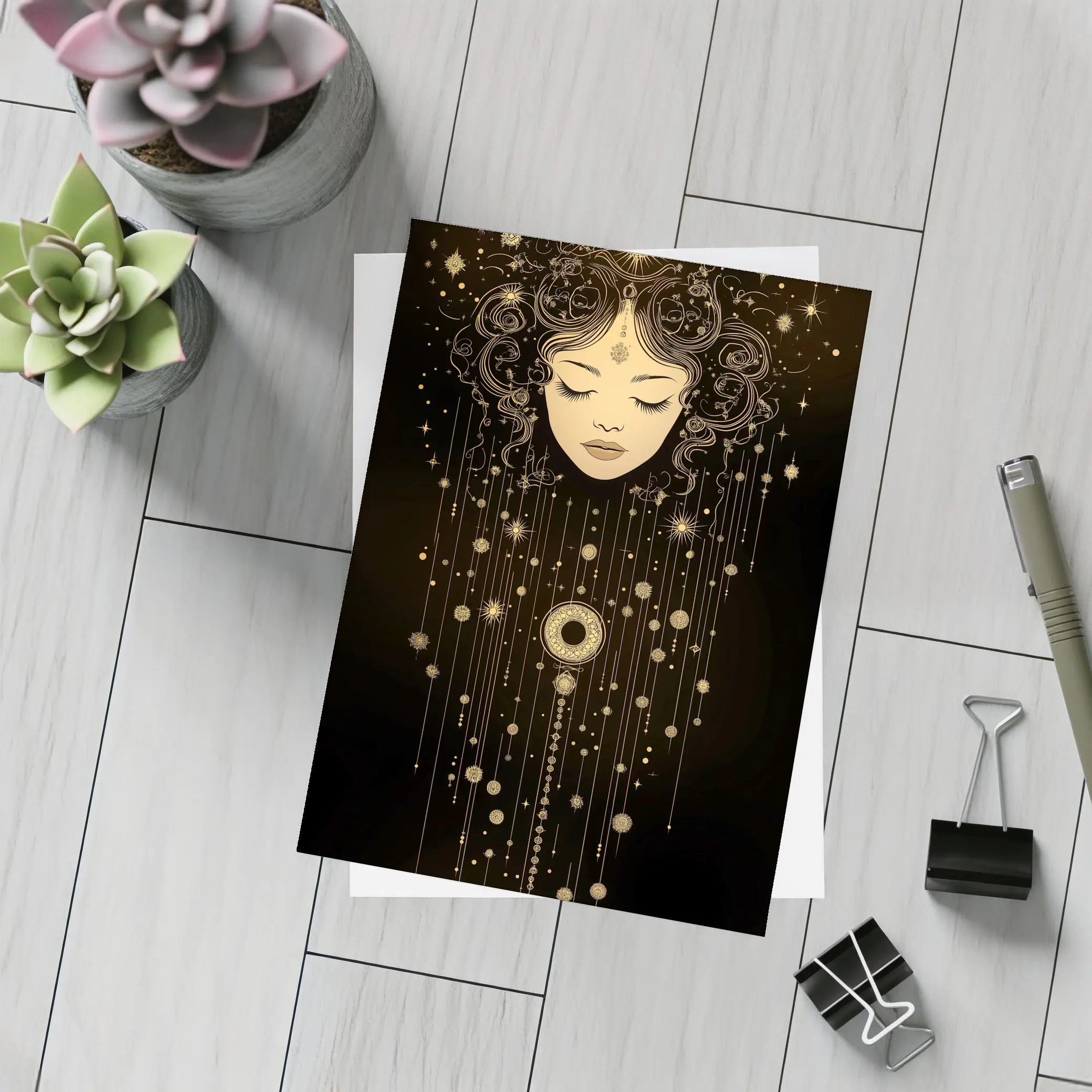 Celestial Woman Gold Stars Black Background – Postcards