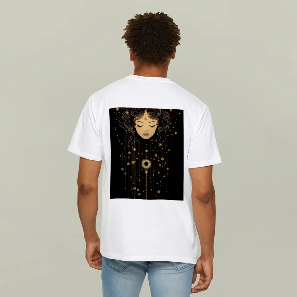 Celestial Woman Gold Stars Black Background – T-Shirts