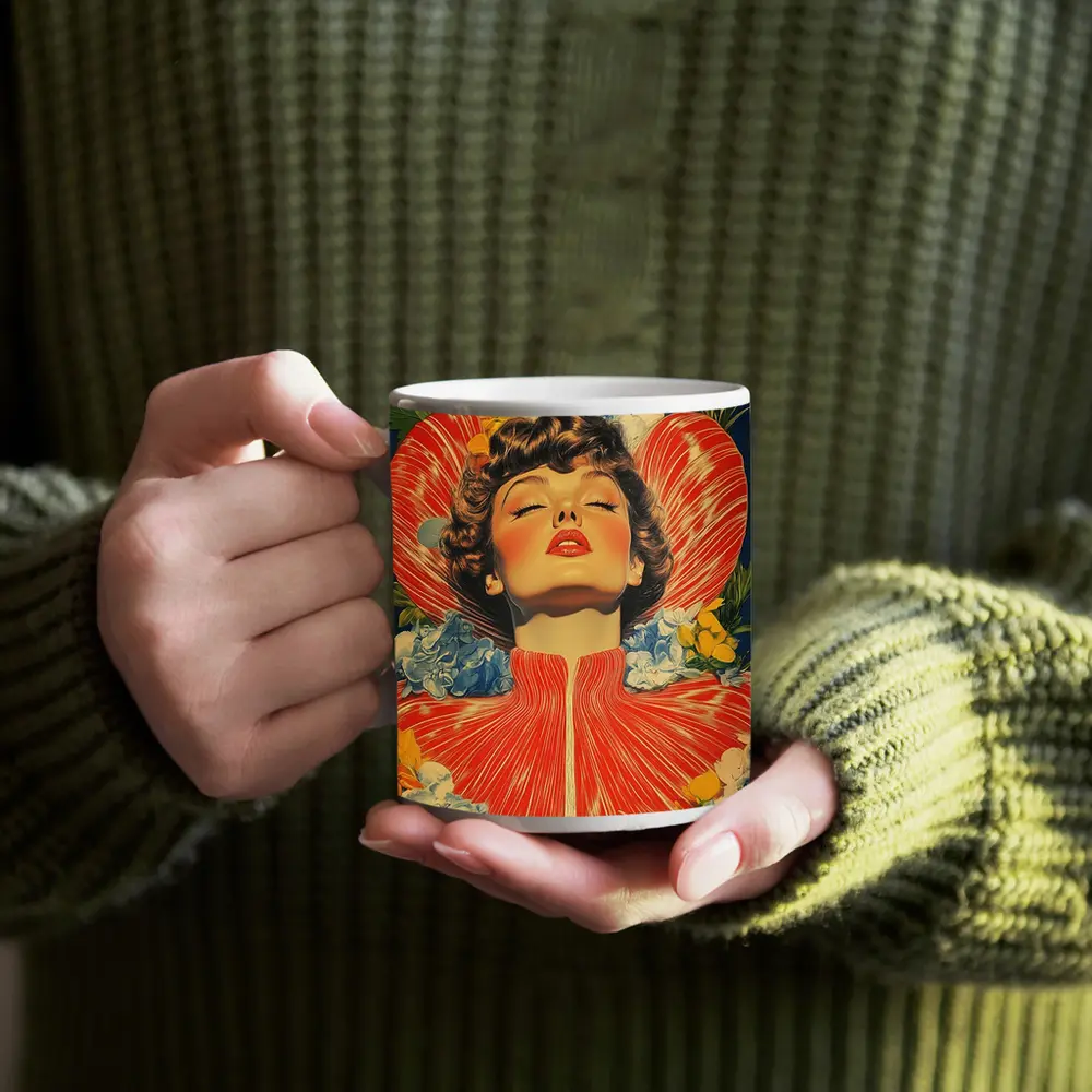 Retro Woman Portrait Floral Collage Art – Mugs