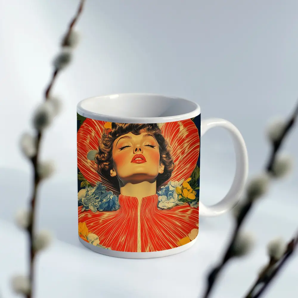 Retro Woman Portrait Floral Collage Art – Mugs