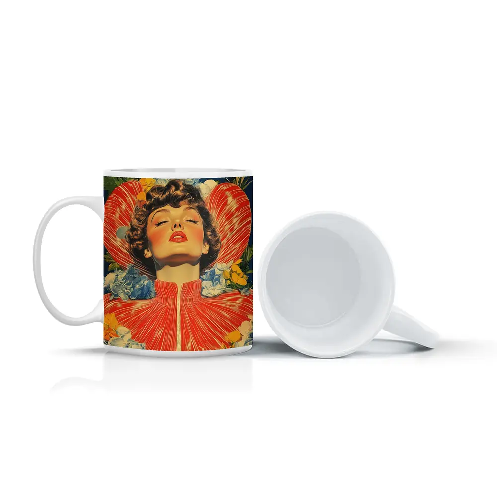 Retro Woman Portrait Floral Collage Art – Mugs