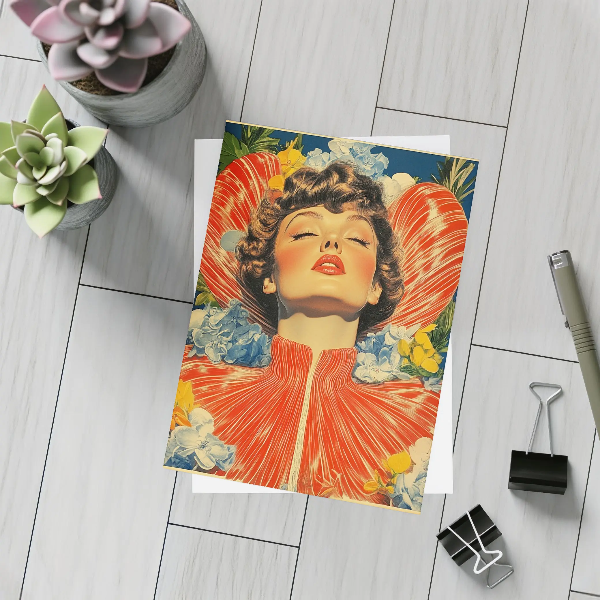 Retro Woman Portrait Floral Collage Art – Postcards