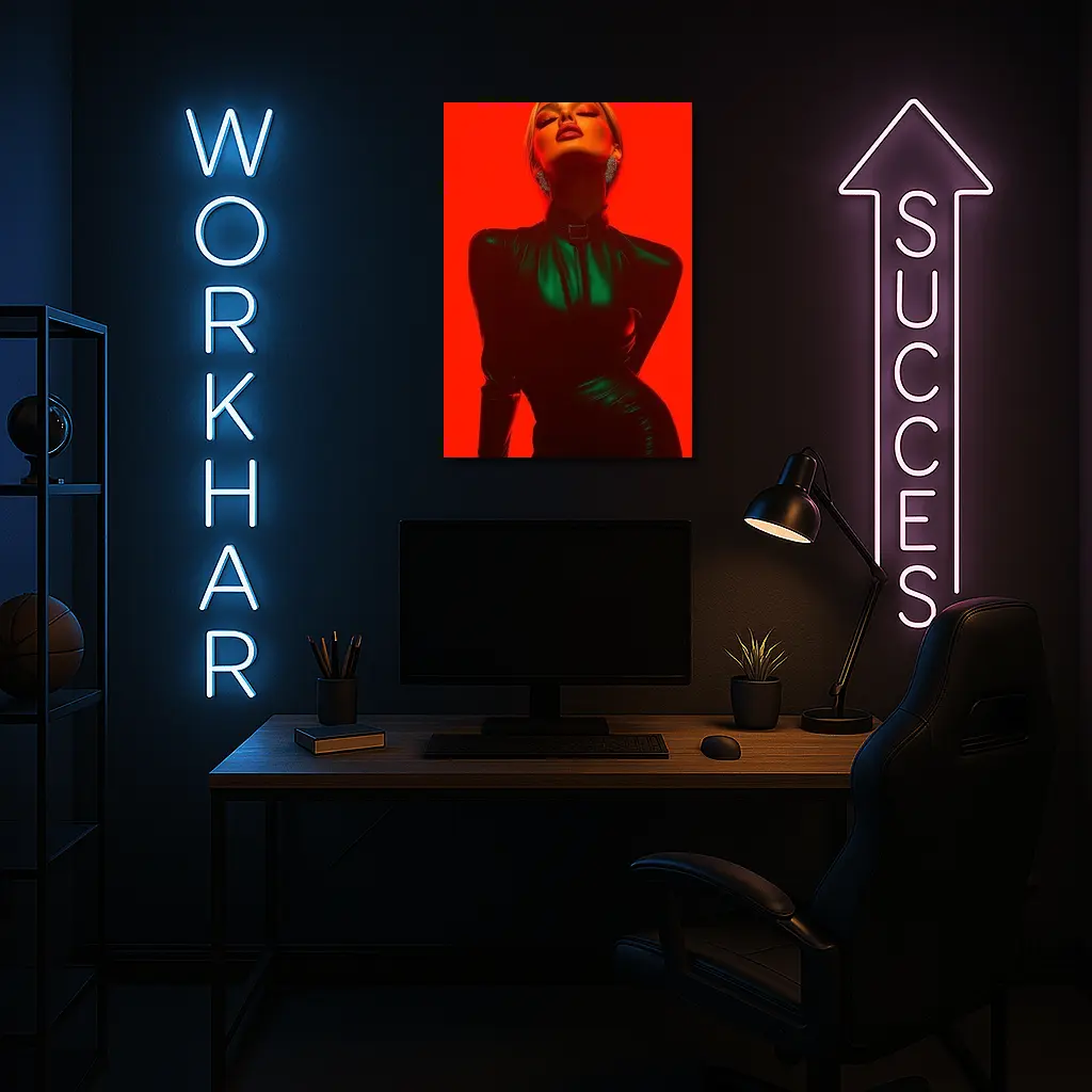 Blonde Woman Green Latex Red Background – Wall Art