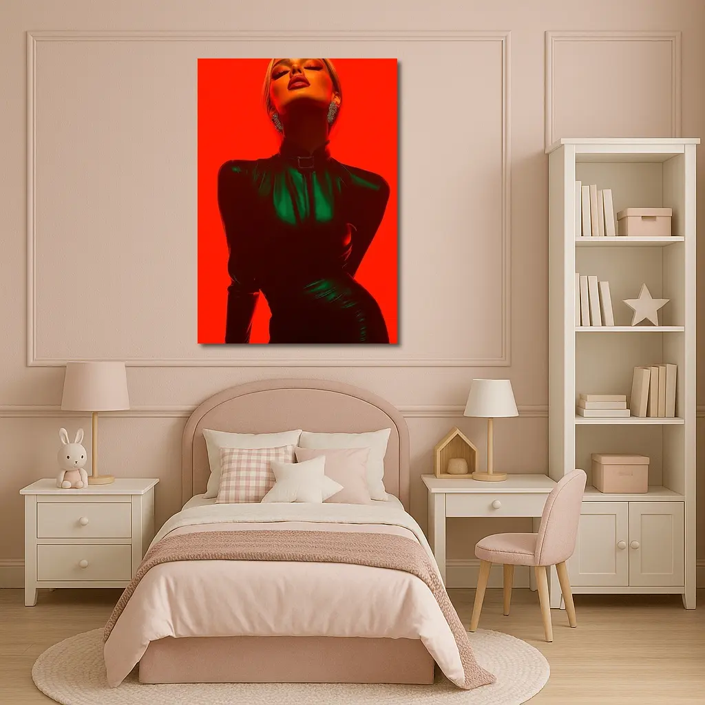 Blonde Woman Green Latex Red Background – Wall Art