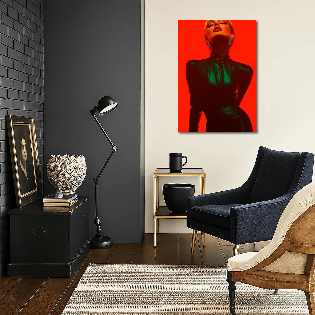 Blonde Woman Green Latex Red Background – Wall Art